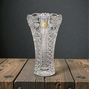 Crystal Clear Germany Lead Crystal Vase Rose Diamond Cut Scalloped Rim 7.5"